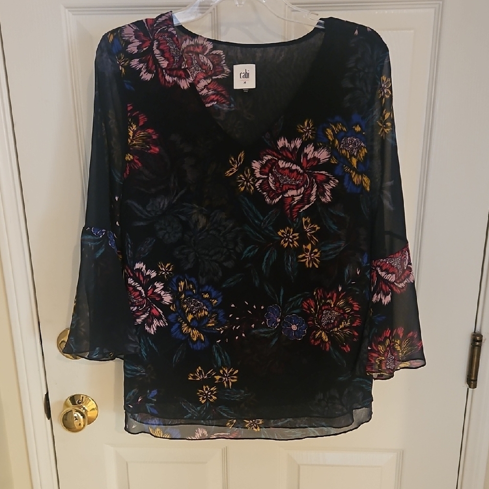 CAbi Blue and Black Bell Sleeve Graphic Blouse